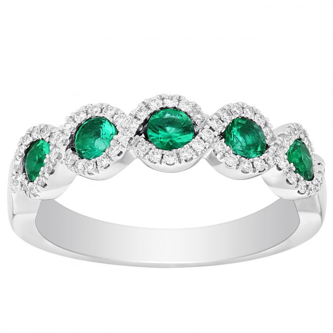 14K White Gold Emerald Ring with Diamond Figure 8 Twist Halo