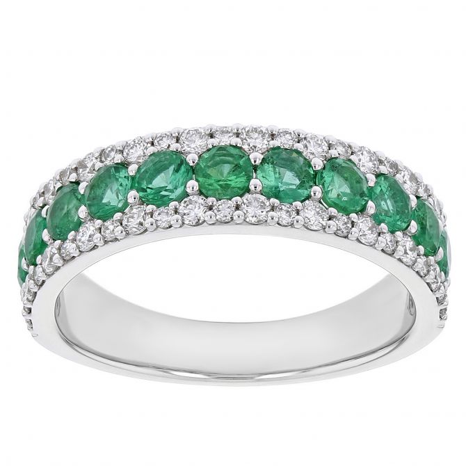 14K White Gold Emerald & Diamond 3 Row Ring