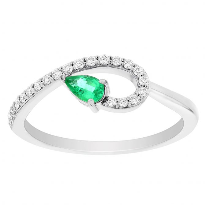 14K White Gold Pear Shaped Emerald & Diamond Swirl Ring