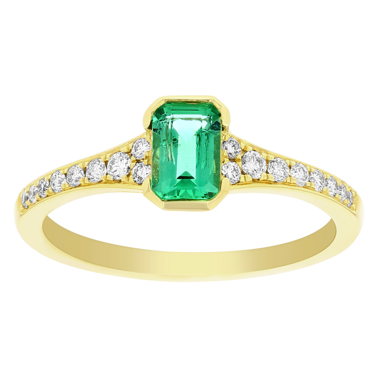 14K Yellow Gold Emerald Cut Emerald Ring with Diamond Tapered Shank ...