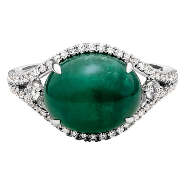 Oval Emerald Cabochon & Diamond Halo Split Shank Ring White Gold