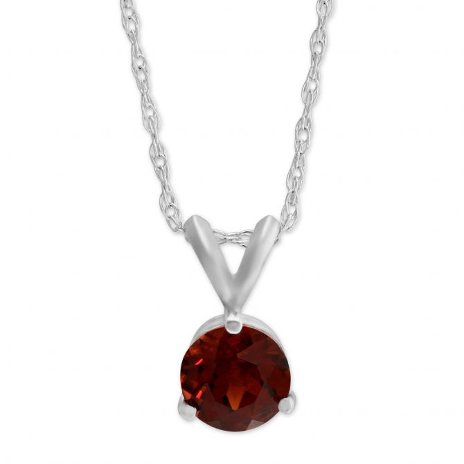 Round Garnet Solitaire Pendant in White Gold, 18"