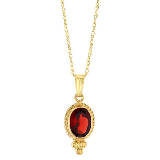 Bezel Set Oval Garnet Pendant in Yellow Gold, 18"