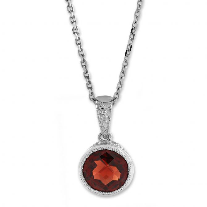 14K White Gold Round Garnet Bezel Set Pendant, 18"