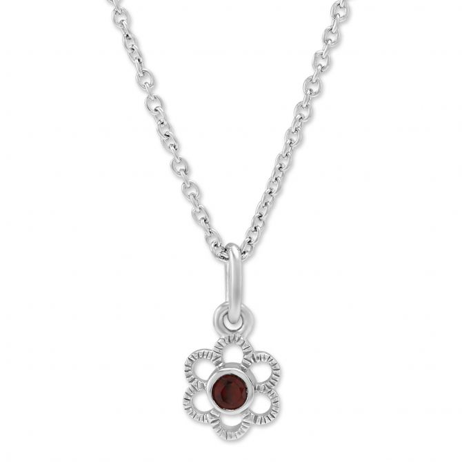 Sterling Silver Child's Garnet Flower Pendant, 15"