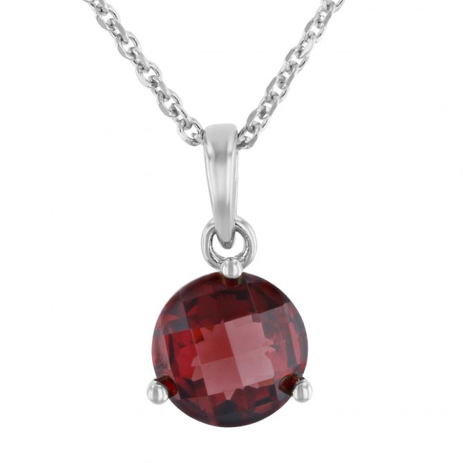 14K White Gold Round Checkerboard Garnet Pendant, 18"