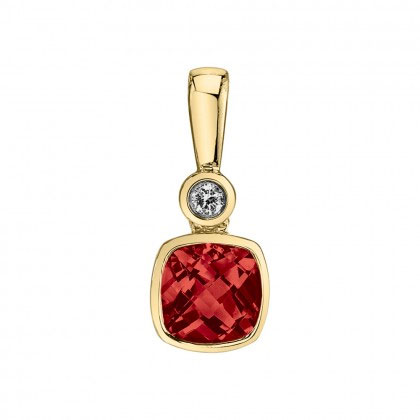 Cushion Garnet & Diamond Pendant in Yellow Gold, 18"