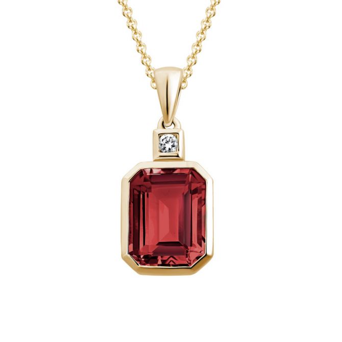 Emerald Cut Garnet Pendant with Diamond Accent in Yellow Gold, 18"