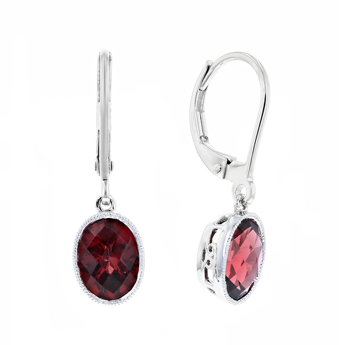 14K White Gold Oval Checkerboard Garnet Milgrain Drop Earrings | Borsheims