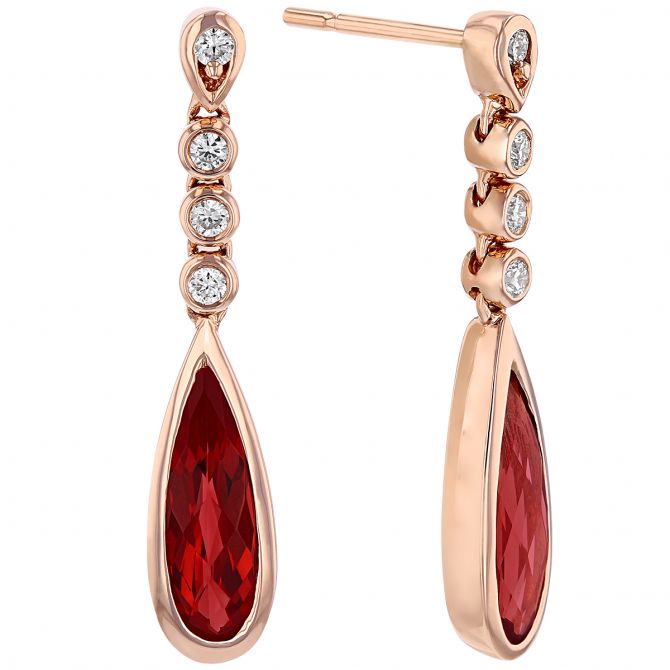 Elongated Pear Shaped Garnet & Diamond Bezel Set Drop Earrings in Yellow Gold