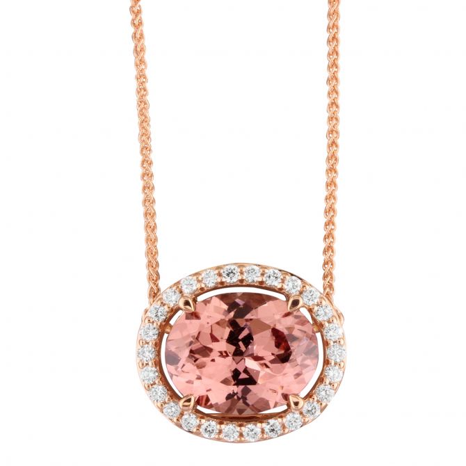 Oval Pink Garnet & Diamond Halo Pendant in Rose Gold, 18"