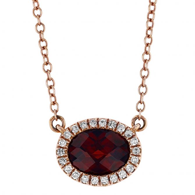 Oval Garnet & Diamond Halo Necklace in Rose Gold, 18"