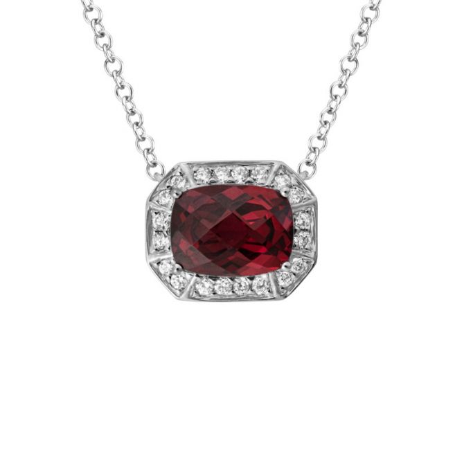 Cushion Garnet & Diamond Halo Octagon Necklace in White Gold, 18"