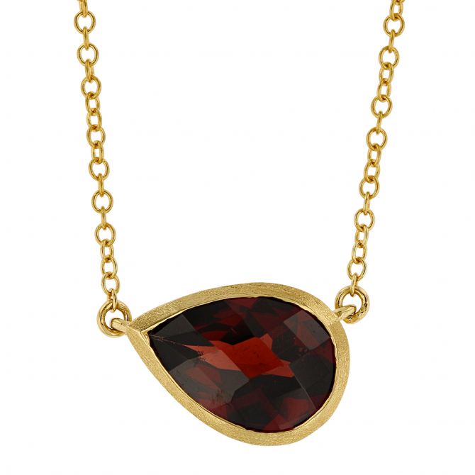 Pear Shaped East West Garnet Necklace in Satin Yellow Gold, 18"