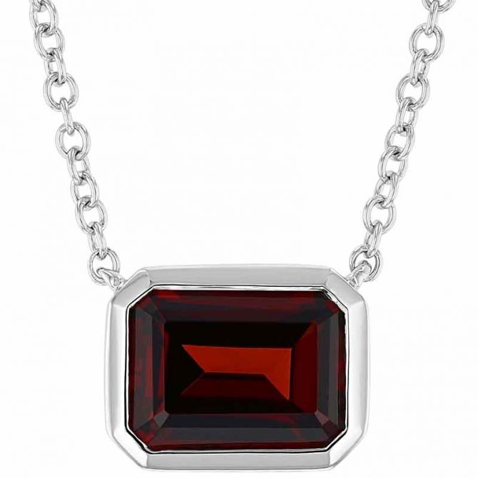 Emerald Cut Garnet Bezel Set Necklace in White Gold, 18"