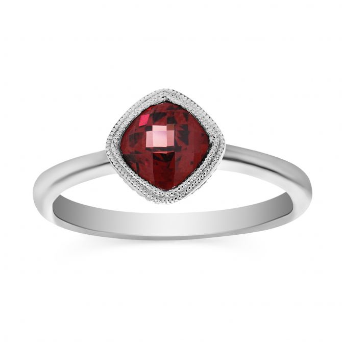 14K White Gold Cushion Checkerboard Garnet Ring, 6mm