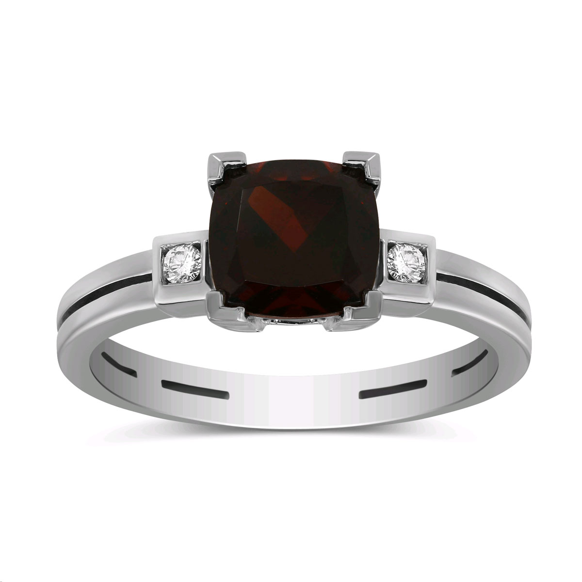 Cushion Garnet & Diamond 3 Stone Ring with Grooved Band in White Gold ...