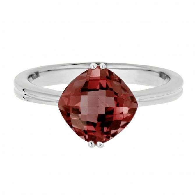 14K White Gold Checkerboard Cushion Garnet Ring