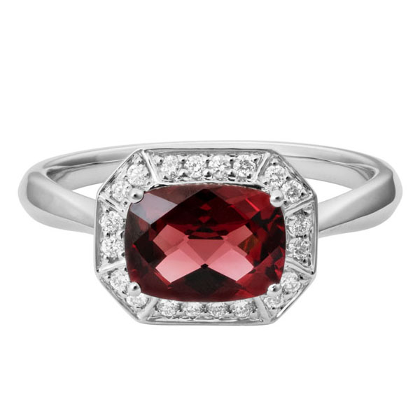 Cushion Garnet Ring with Diamond Octagon Halo in White Gold