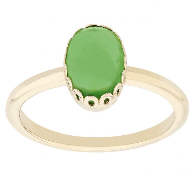 Oval Green Garnet Cabochon Scalloped Bezel Ring in Yellow Gold