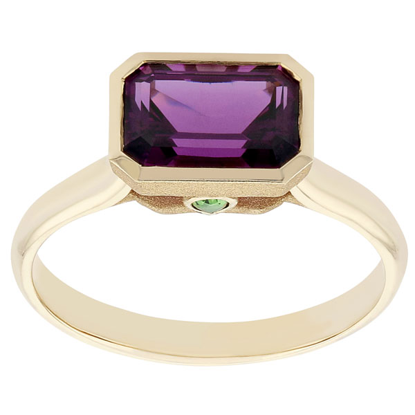 Emerald Cut Purple Garnet Bezel Set Ring with Tsavorite Garnet Peekaboo in Yellow Gold