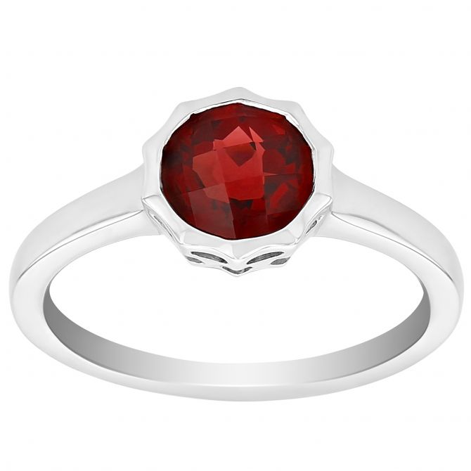 Round Checkerboard Garnet Ring with Pointed Bezel in White Gold