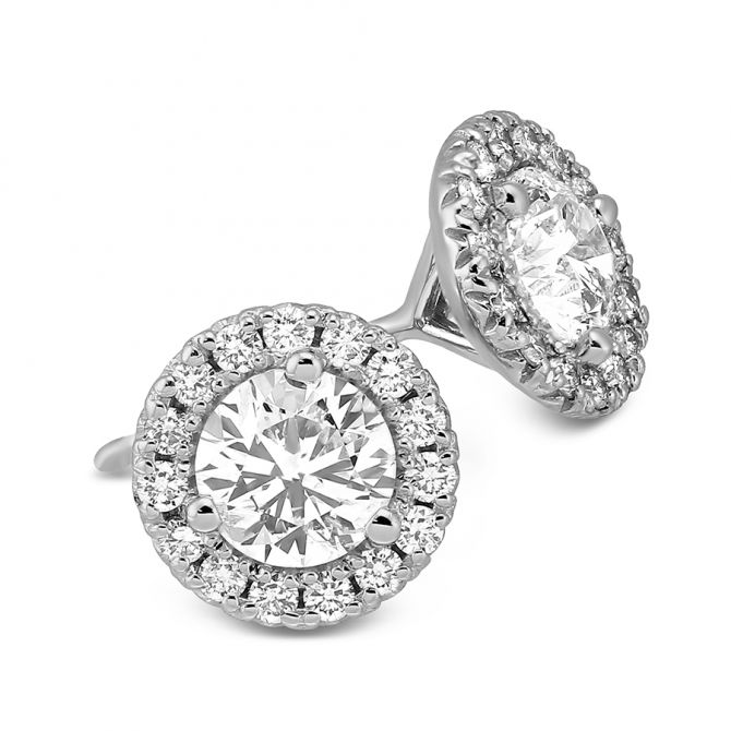 Halo Diamond Stud Earrings in White Gold, .75 cttw