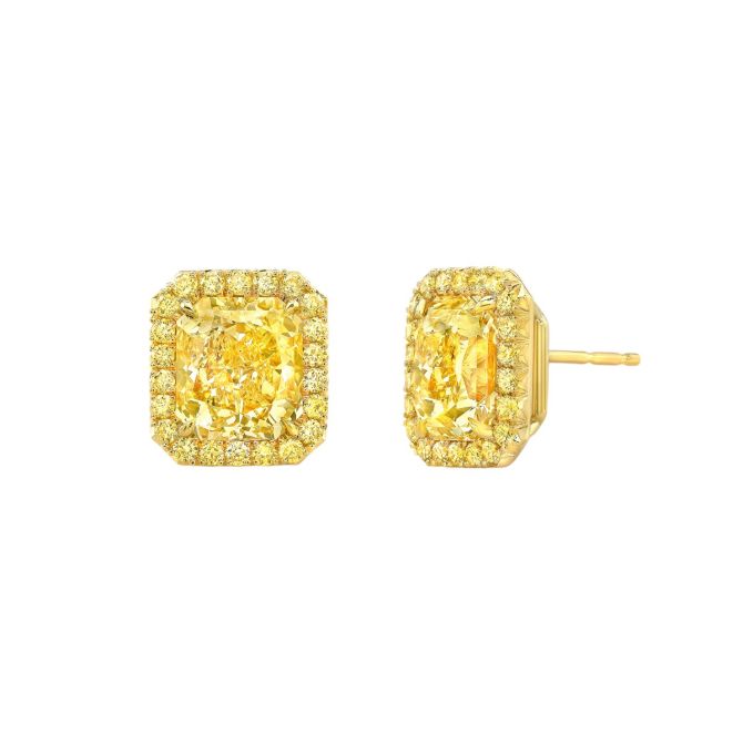 Rahaminov Cushion Cut Fancy Yellow Diamond & Halo Stud Earrings in Yellow Gold, 4.25 cttw