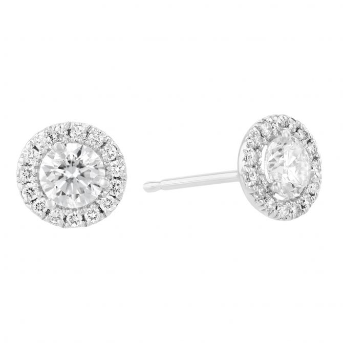 Round Diamond & Halo Stud Earrings in White Gold, 0.65 cttw