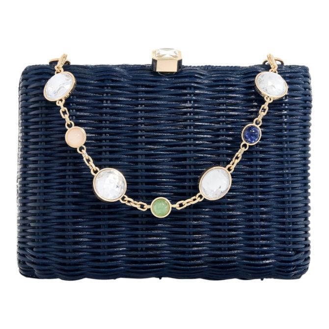 Judith Leiber Hailey Wicker Natural Stone Basket Clutch, Navy