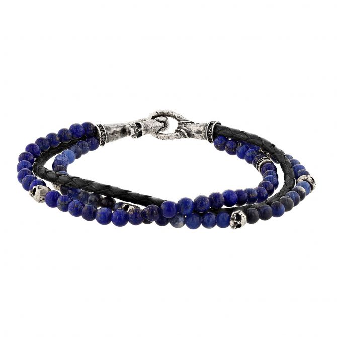 John Varvatos Skull Sterling Silver Multi-Strand Lapis Beaded Bracelet