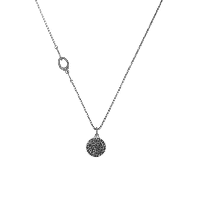 Marco Dal Maso Moneta Black Diamond Pavé Disc Pendant in Oxidized Silver, 24.5"