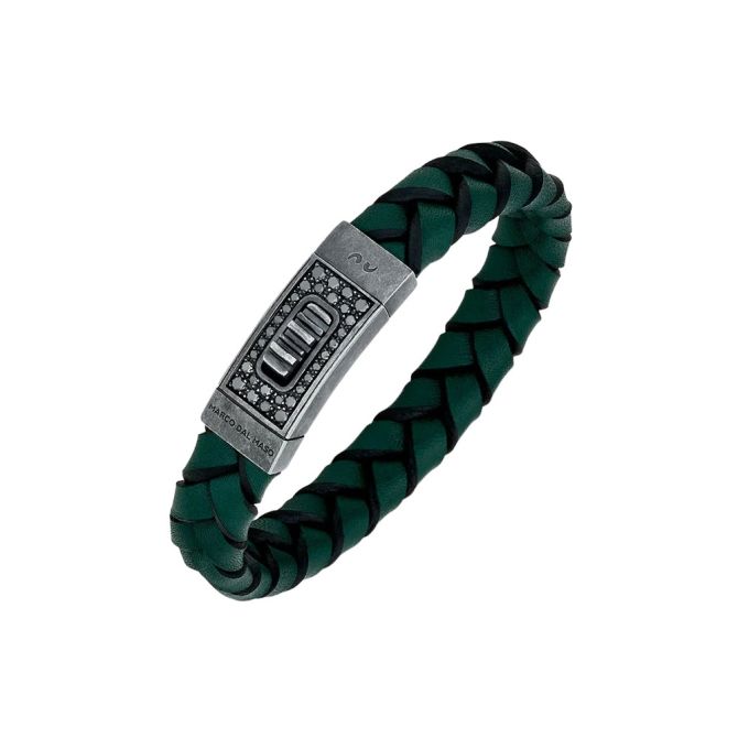 Marco Dal Maso Lash Gladiator Black Diamond Bracelet in Green Leather & Oxidized Silver, 8.5"