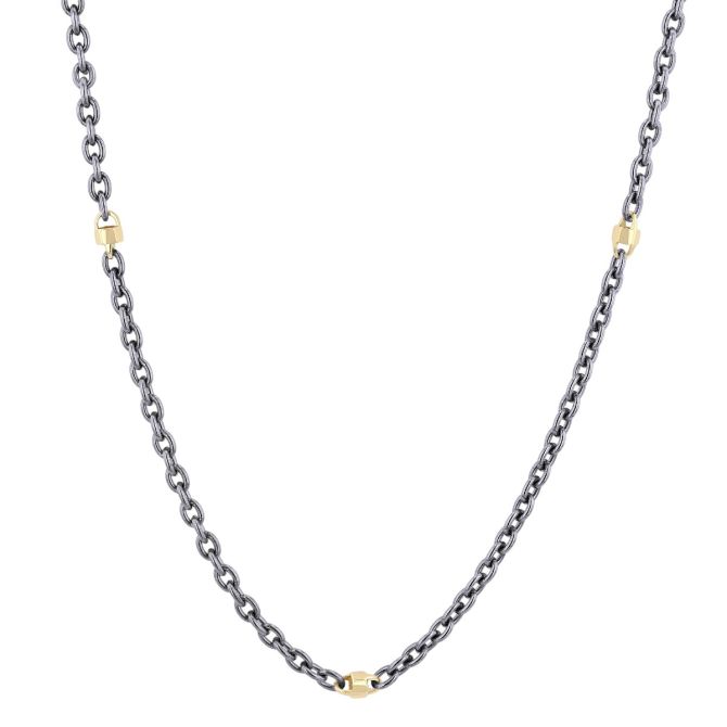 Titanium Link Chain & Yellow Gold Station Necklace, 20"