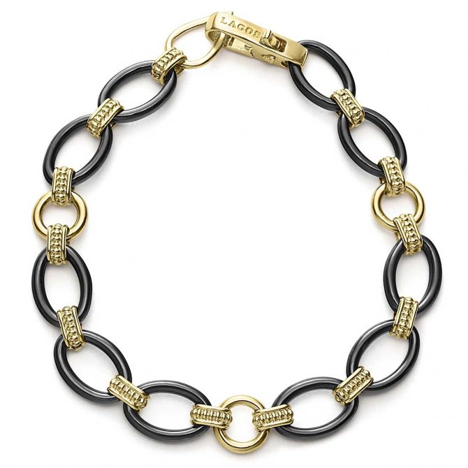 LAGOS Meridian 18K Yellow Gold & Black Ceramic Link Bracelet, 7"