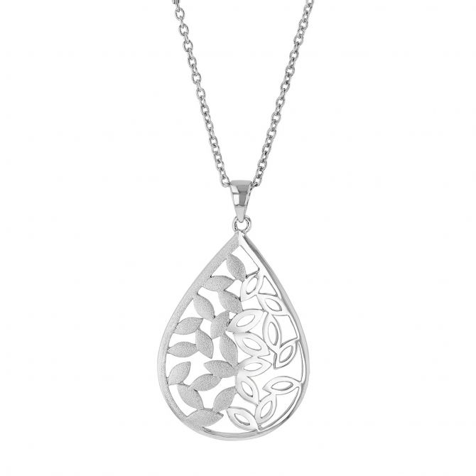 Sterling Silver Half Brushed Leaf Teardrop Pendant, 18"