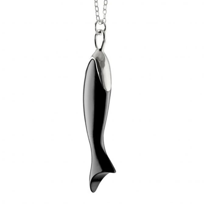 Monica Rich Kosann "Perseverance" Black Ceramic & Sterling Silver Fish Pendant, 30"