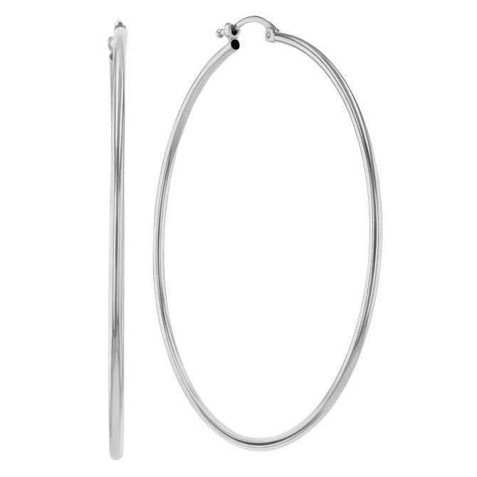 White Gold Thin Tube Hoop Earrings, 1.5 x 50 mm