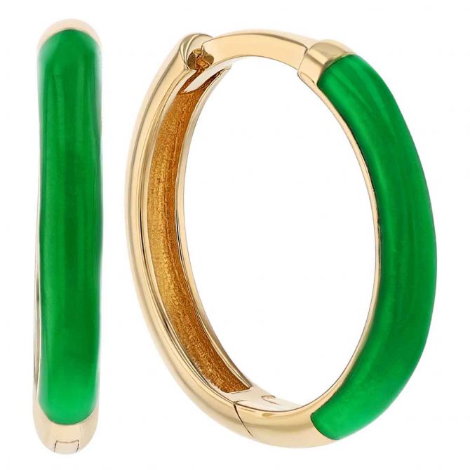 Green Enamel Hoop Earrings in Yellow Gold