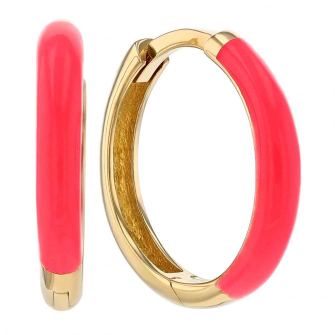 Bright Pink Enamel Hoop Earrings in Yellow Gold