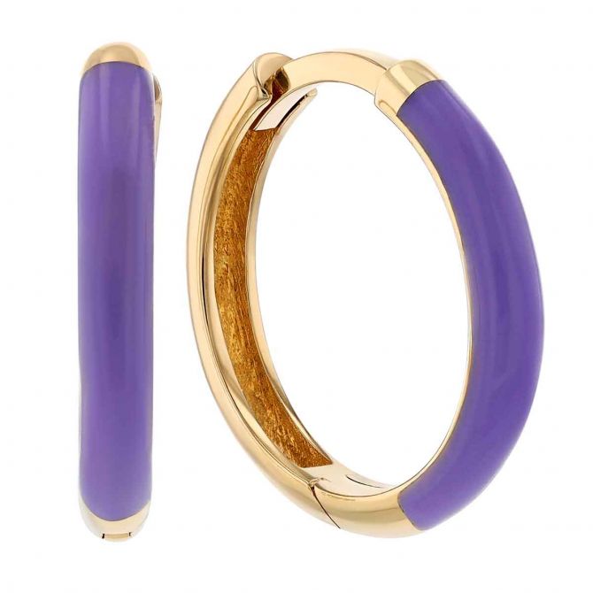 Purple Enamel Hoop Earrings in Yellow Gold