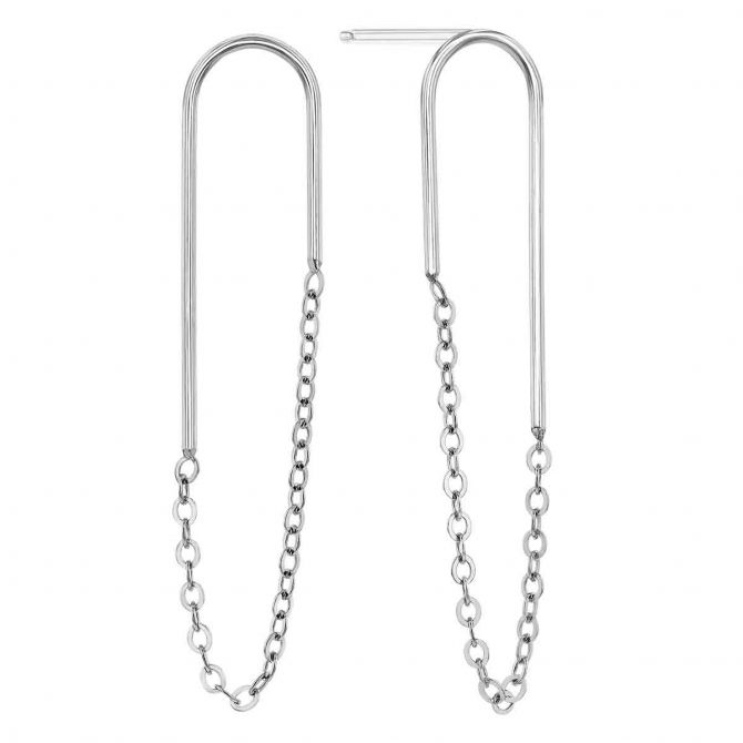 White Gold Endless Oval Curved Bar & Chain Earrings