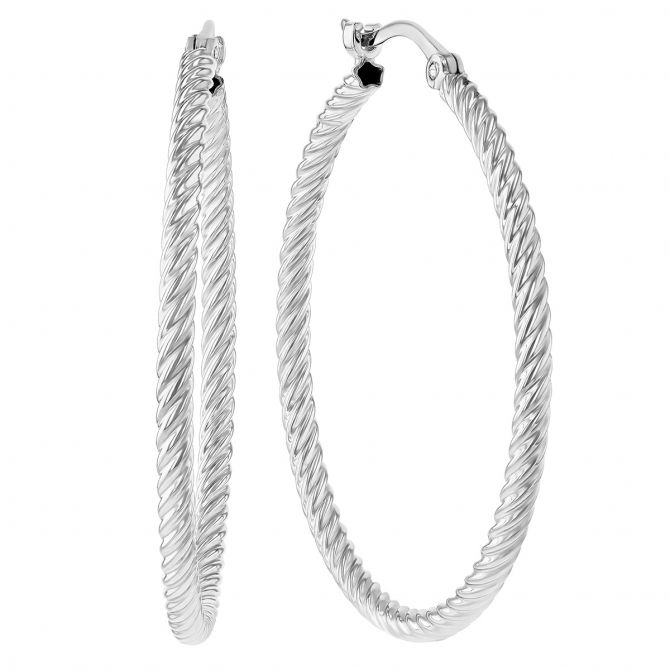 White Gold Twist Tube Hoop Earrings, 30 mm