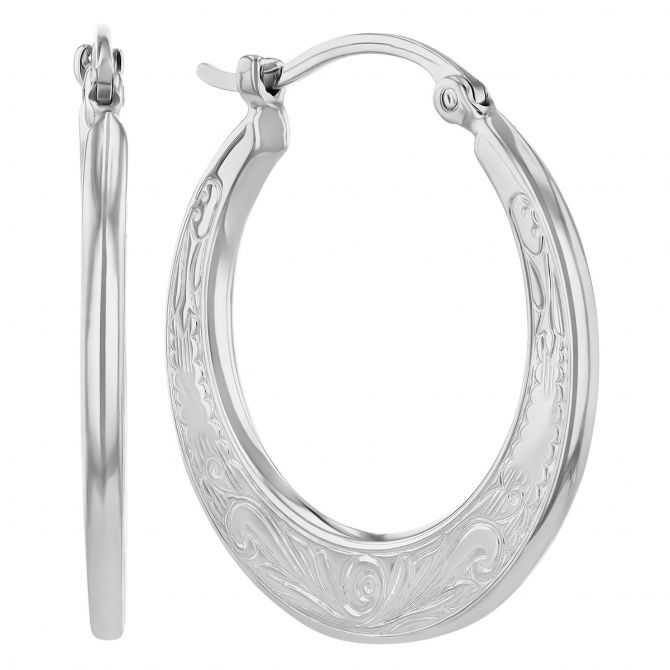 White Gold Embossed Flat Hoop Earrings