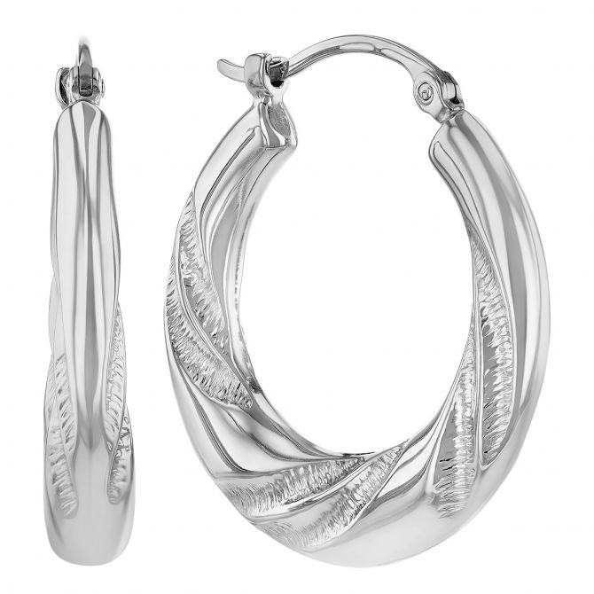 White Gold Etched Twist Hoop Earrings