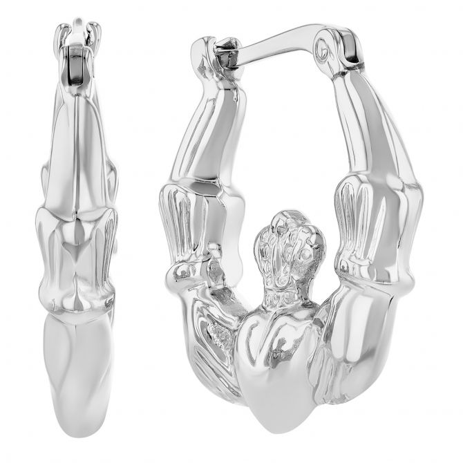 White Gold Claddagh Heart & Hands Hoop Earrings