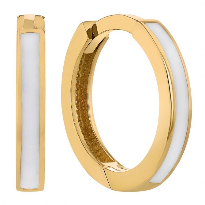 White Enamel Stripe Hoop Earrings in Yellow Gold