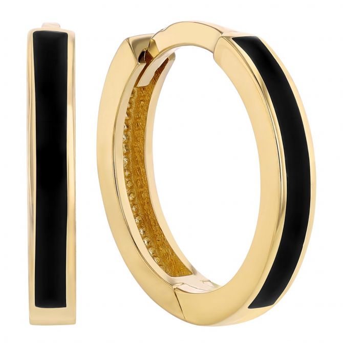 Black Enamel Stripe Hoop Earrings in Yellow Gold