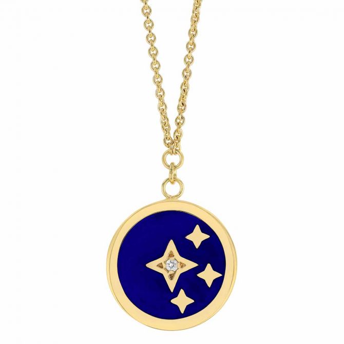 Blue Enamel & Diamond Star Disc Pendant in Yellow Gold, 18"