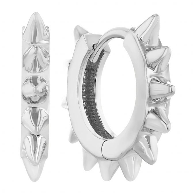 White Gold Spike Huggie Hoop Earrings, 10 mm